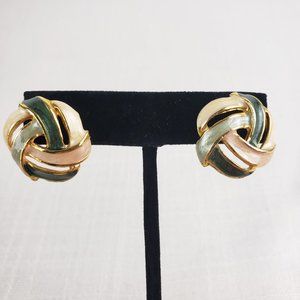 Gold-Tone Pink/Green/Cream Enamel Knot Earrings